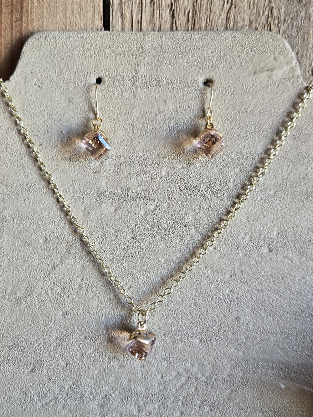 Blush Pink Crystal Cube Necklace & Earrings Set | Gold Tone